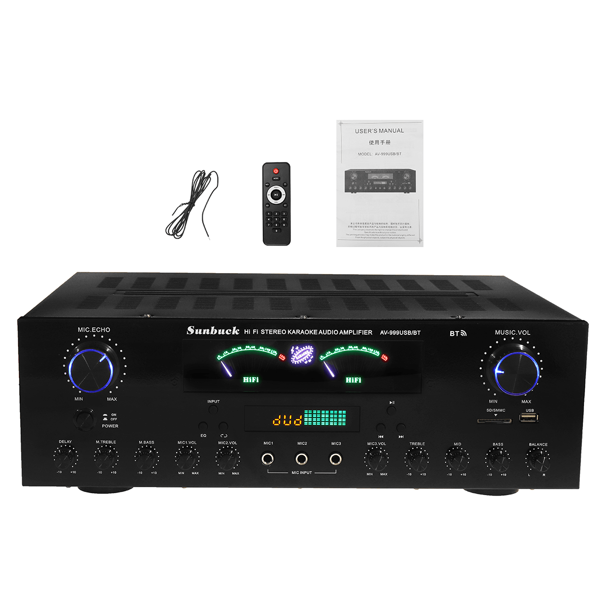 Sunbuck AV-999BT 110V/220V 7 Channel Digital Hifi Bluetooth 5.0 Power Amplifier Home Stereo Audio FM Amp with Remote Control Trendha