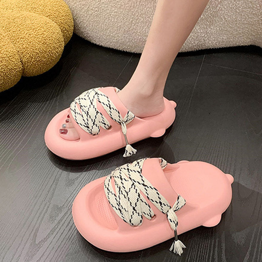 Chic Shoe Lace Decor Slides dylioshop