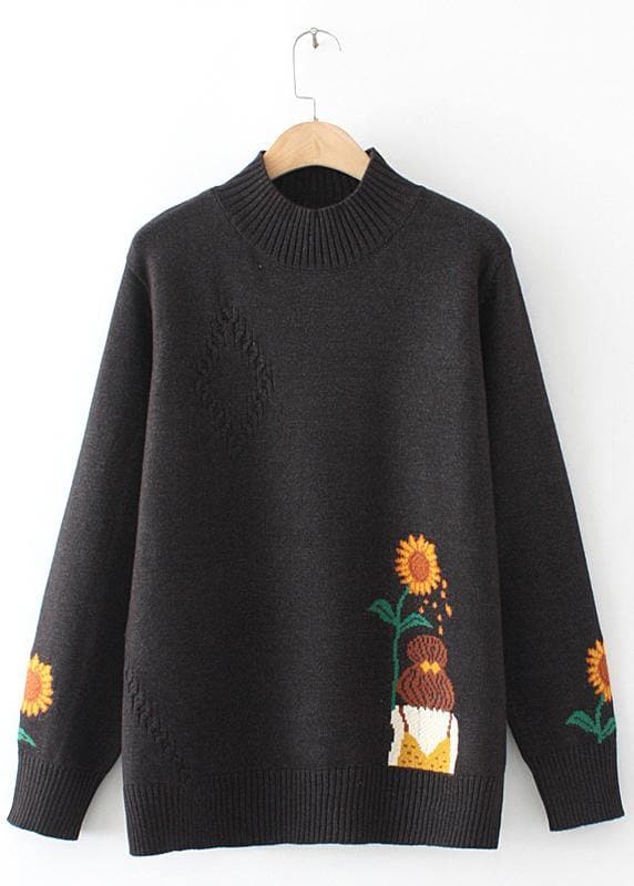 Women Black Sunflower Knitted Top High Neck Trendy Plus Size Sweaters NTP191125