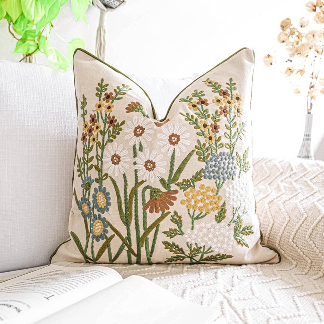 Floral Embroider Linen Pillow Cover Feajoy