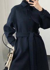 Fashion Loose Fitting Trench Coat Spring Navy Tie Waist Wool Coat CTS171028