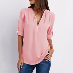 V Neck Zipper Patchwork Plain Blouses sunsetime