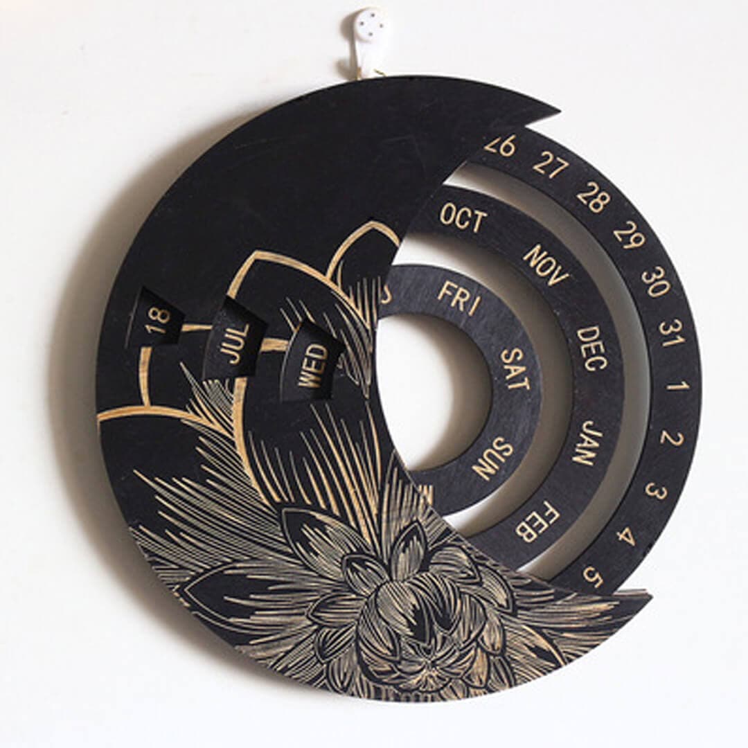 Rotating Wooden Carved Perpetual Calendar Feajoy