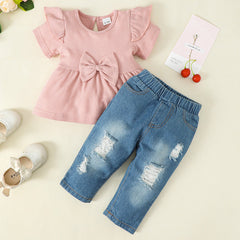 Bow Detail Short Sleeve Top and Distressed Jeans Set dylinoshop