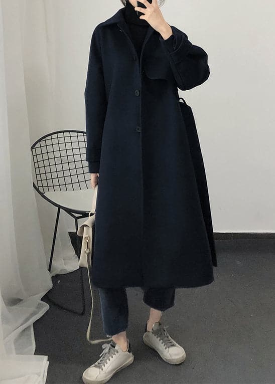 Fashion Loose Fitting Trench Coat Spring Navy Tie Waist Wool Coat CTS171028