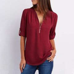 V Neck Zipper Patchwork Plain Blouses sunsetime