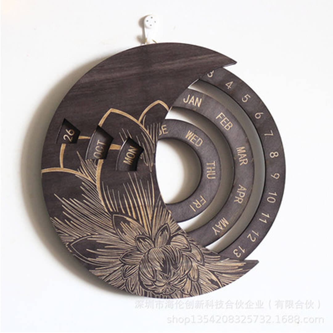 Rotating Wooden Carved Perpetual Calendar Feajoy