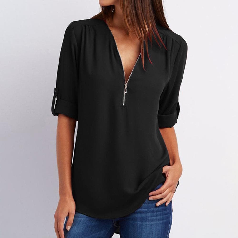 V Neck Zipper Patchwork Plain Blouses sunsetime