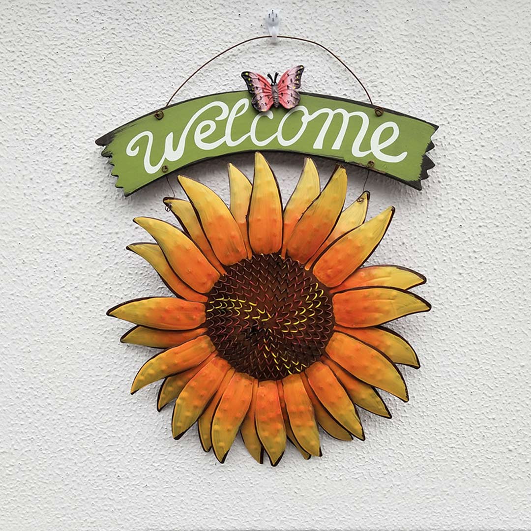 Iron Hanging Butterfly Sunflower Welcome Sign Feajoy