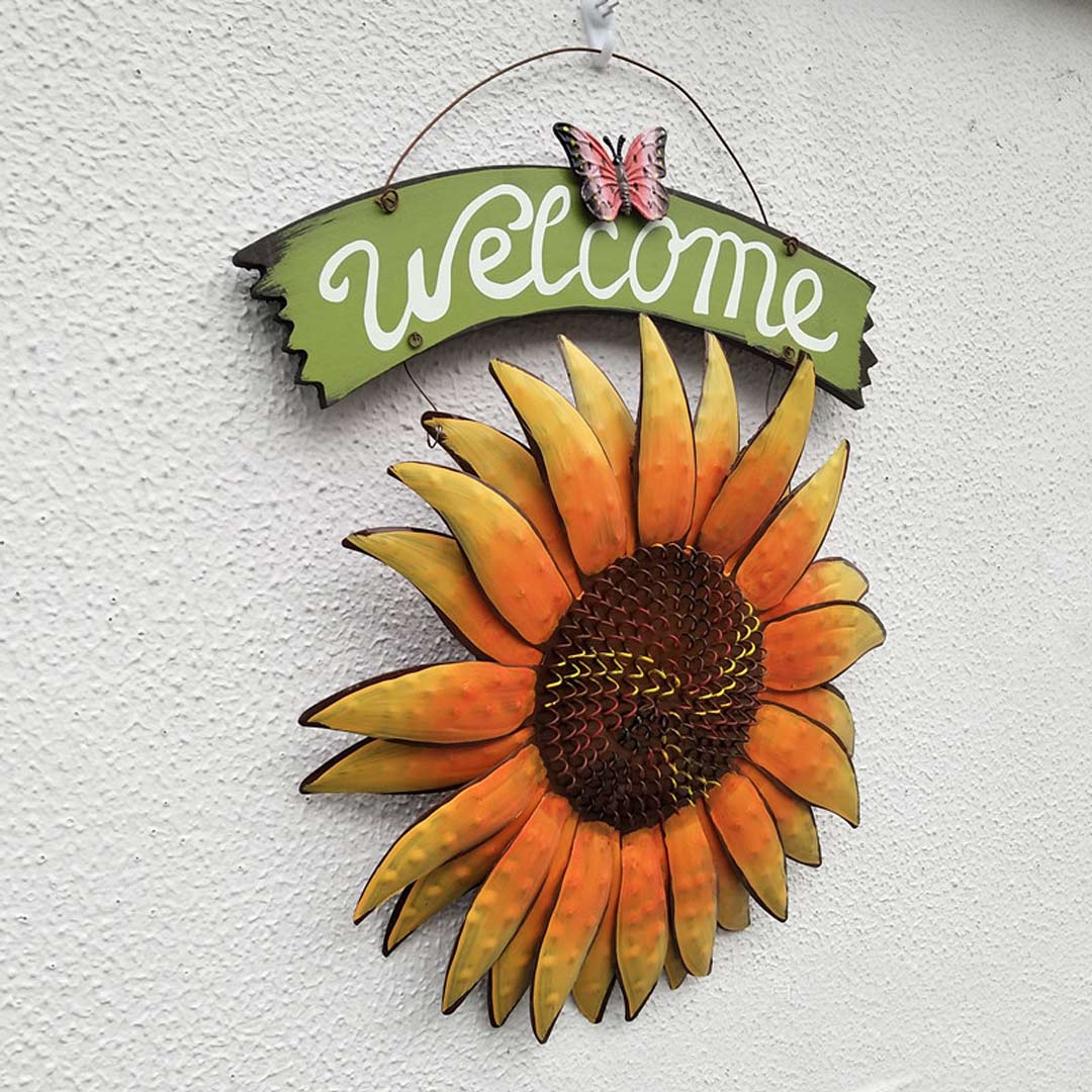 Iron Hanging Butterfly Sunflower Welcome Sign Feajoy