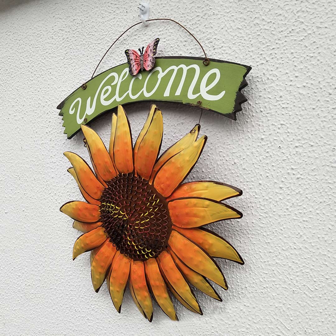 Iron Hanging Butterfly Sunflower Welcome Sign Feajoy