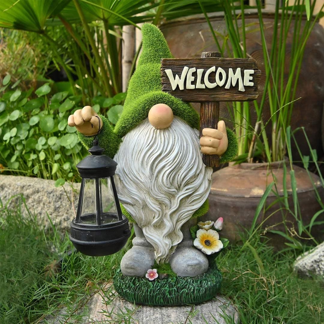 Garden Gnome Statue Holding Welcome Feajoy