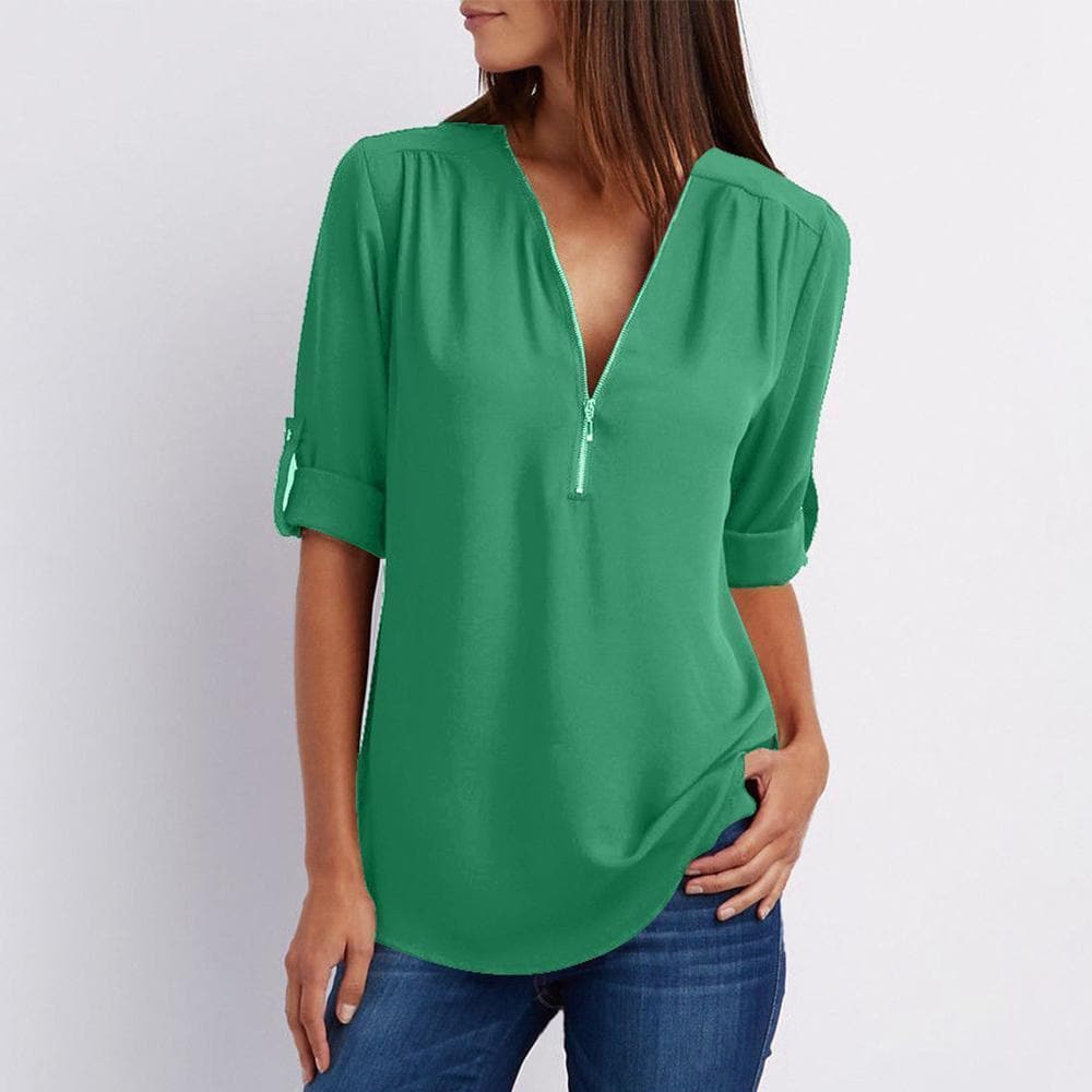 V Neck Zipper Patchwork Plain Blouses sunsetime