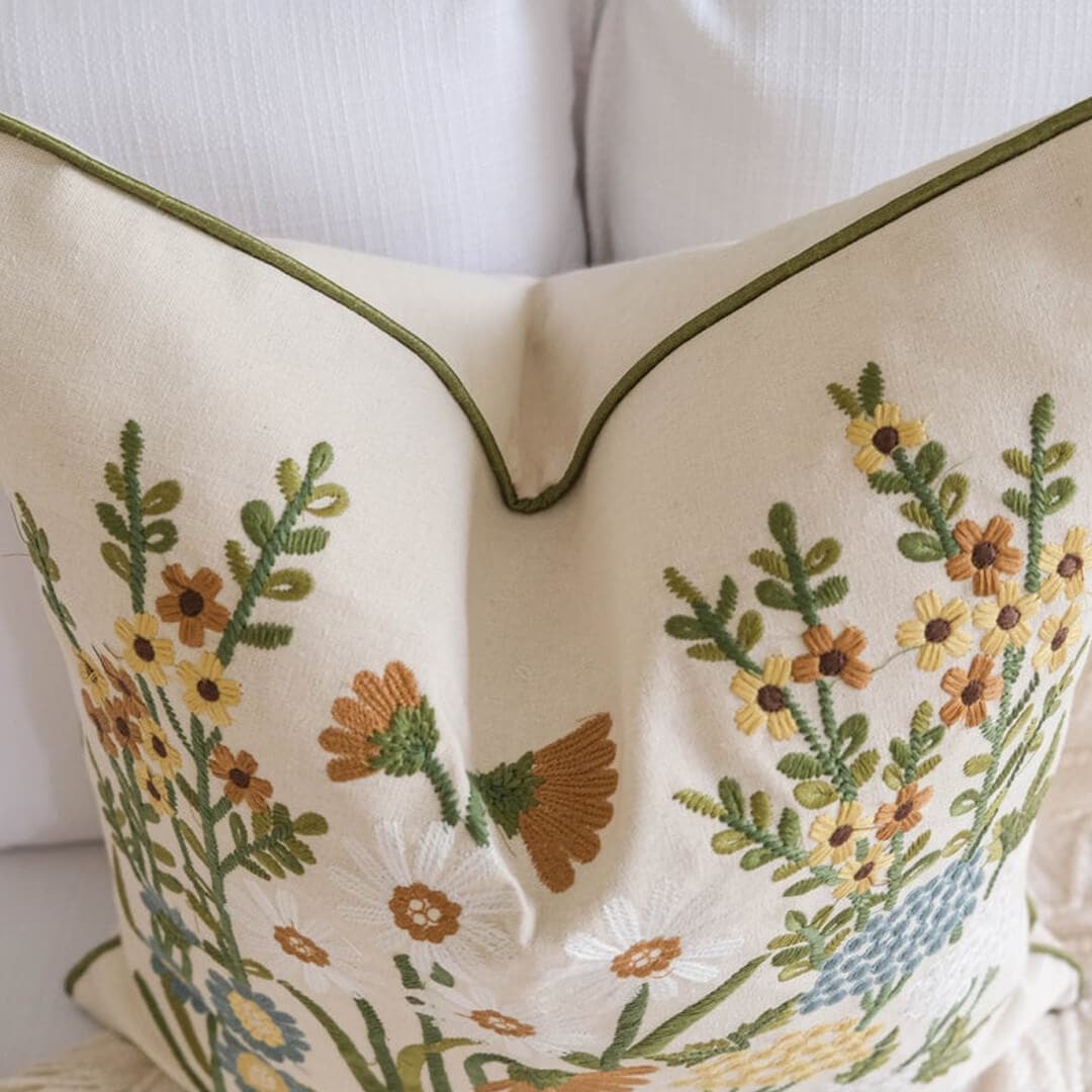 Floral Embroider Linen Pillow Cover Feajoy