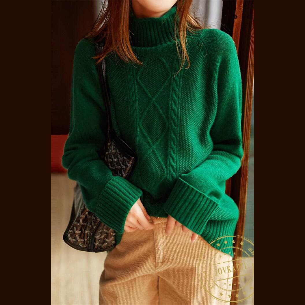 Vintage Green Clothes High Neck Spring Knitted Blouse NTP171028