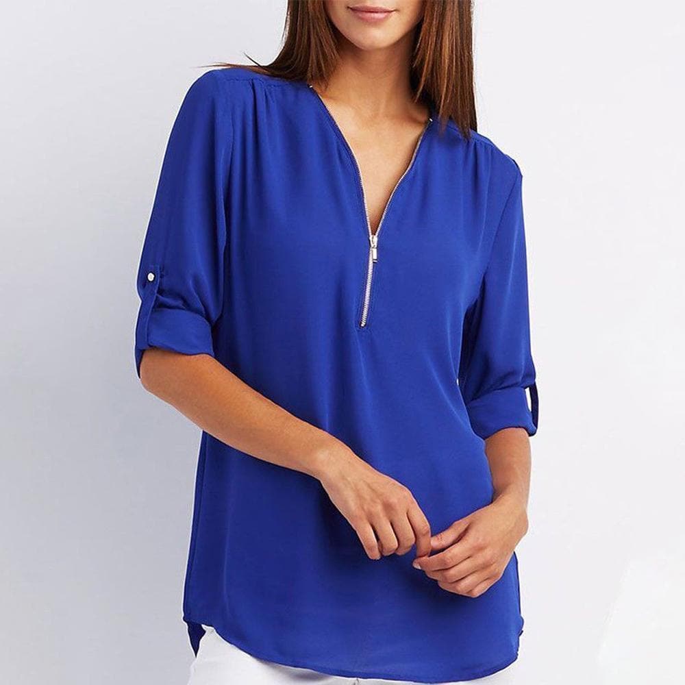 V Neck Zipper Patchwork Plain Blouses sunsetime