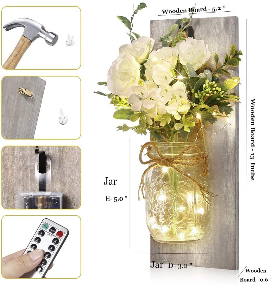 Mason Jar Sconces Remote Control LED Fairy Lights Feajoy