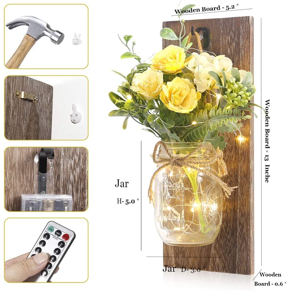 Mason Jar Sconces Remote Control LED Fairy Lights Feajoy