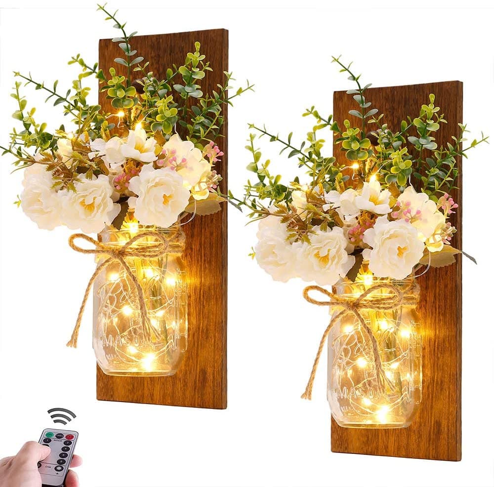 Mason Jar Sconces Remote Control LED Fairy Lights Feajoy