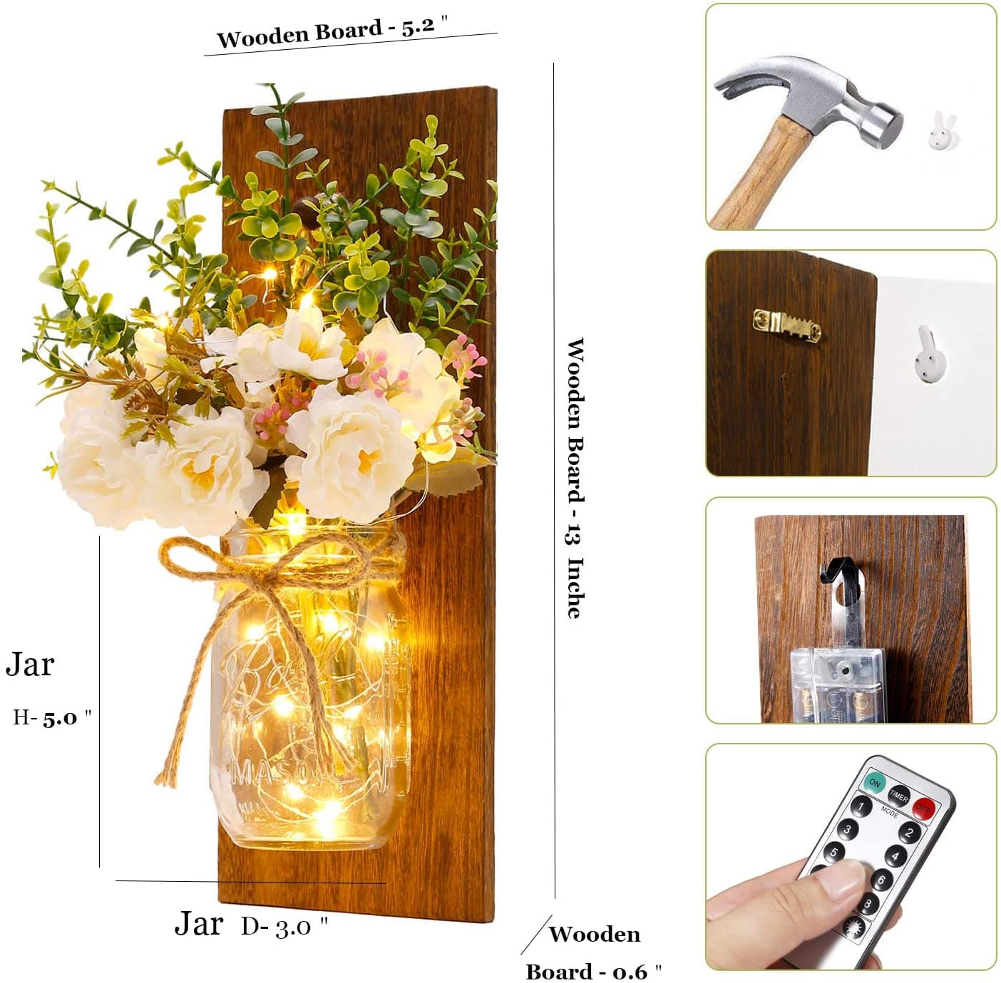 Mason Jar Sconces Remote Control LED Fairy Lights Feajoy