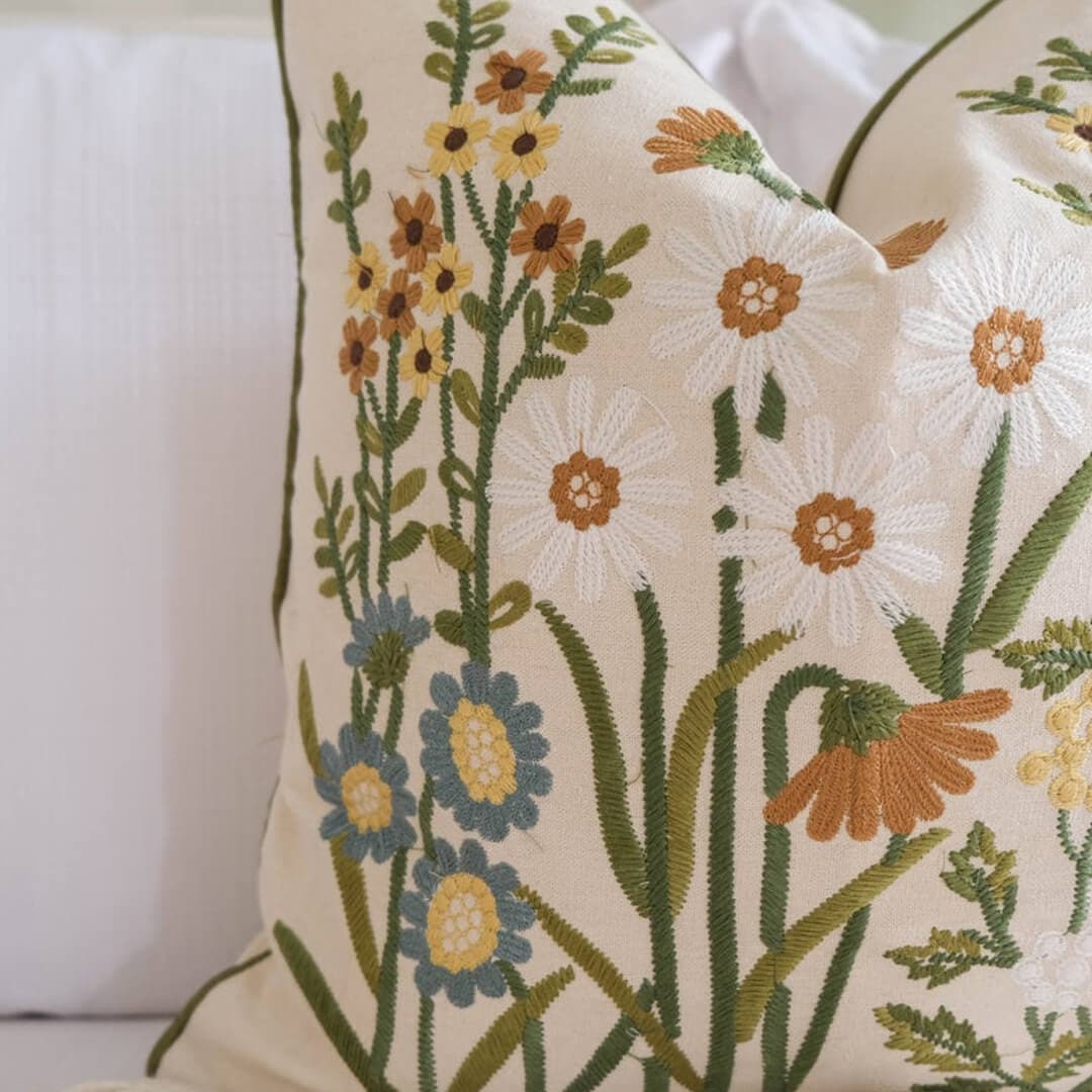 Floral Embroider Linen Pillow Cover Feajoy