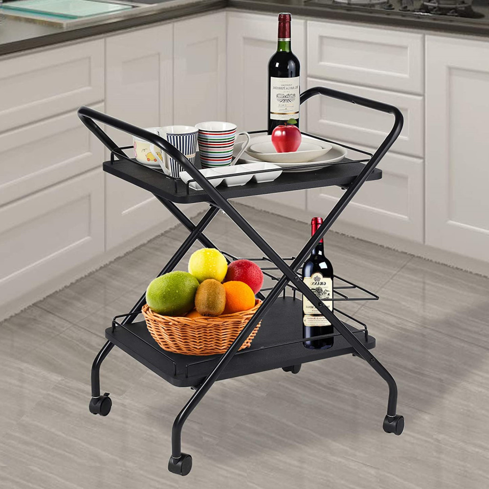 2-Tier Multi-Functional Metal Rolling Utility Cart With Lockable Wheels - Storage Rack For Bar | Kitchen | Office dylinoshop