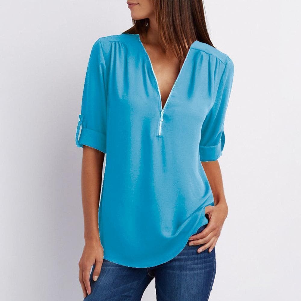 V Neck Zipper Patchwork Plain Blouses sunsetime