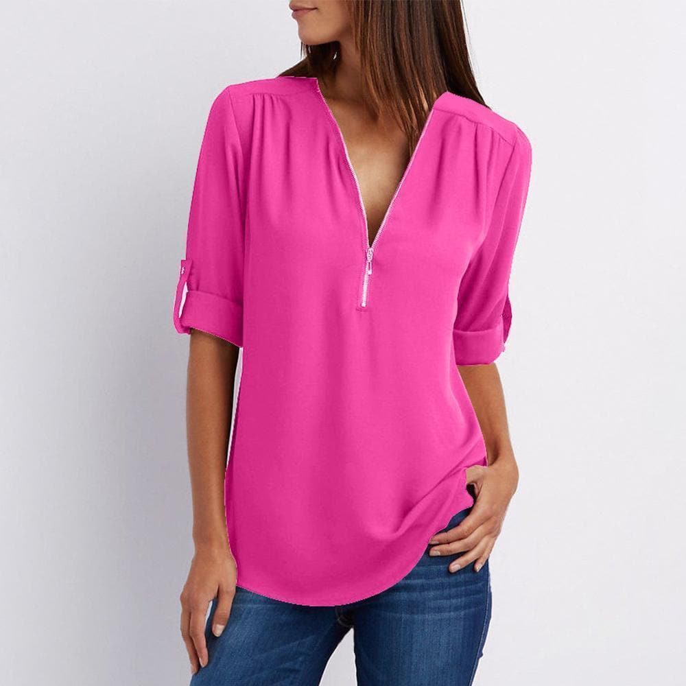 V Neck Zipper Patchwork Plain Blouses sunsetime