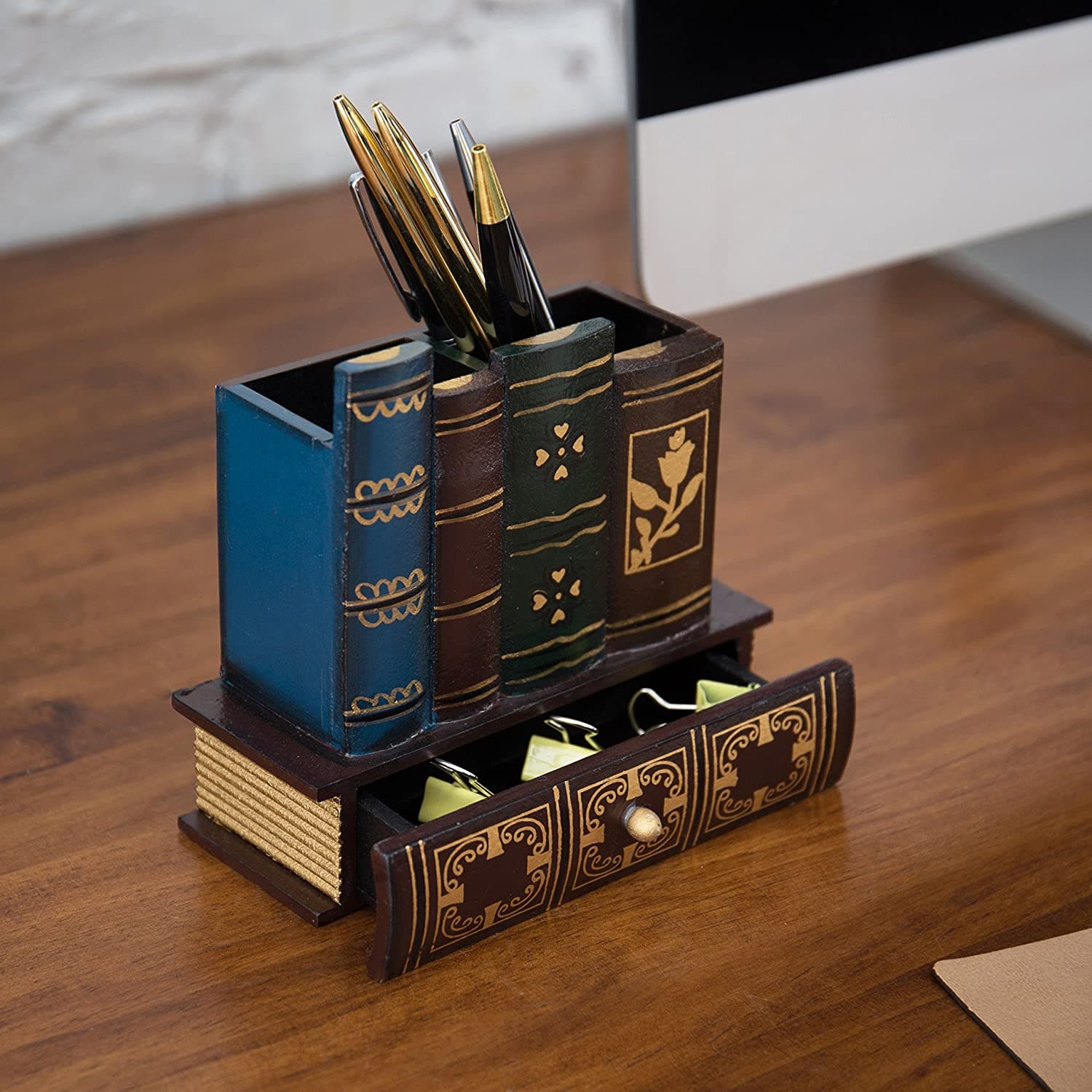 Book Design Wooden Organizer with Bottom Drawer dylinoshop