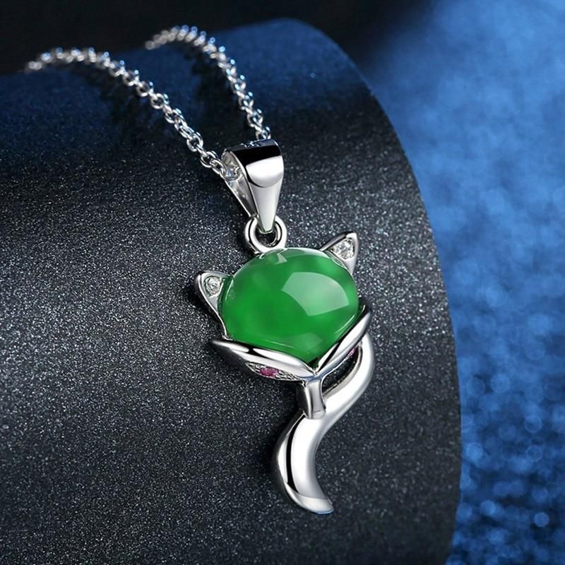 925 Sterling Silver Necklaces Charm Jewelry Natural Green Chalcedony Fox 201803304 Touchy Style