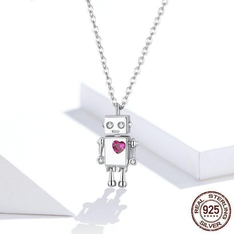 925 Sterling Silver Robot Lover Necklaces Charm Jewelry BOS38 Touchy Style