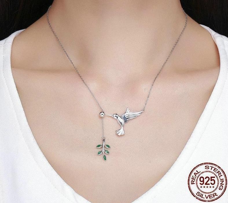 925 Sterling Silver Spring Bird & Tree Pendant Necklace Charm Jewelry Touchy Style