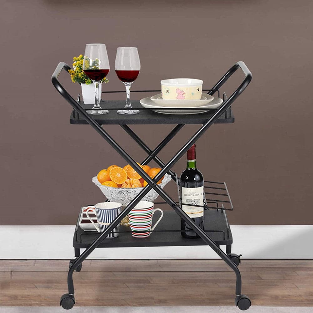 2-Tier Multi-Functional Metal Rolling Utility Cart With Lockable Wheels - Storage Rack For Bar | Kitchen | Office dylinoshop