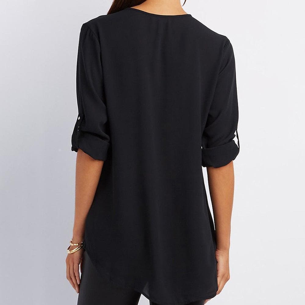 V Neck Zipper Patchwork Plain Blouses luckyidays