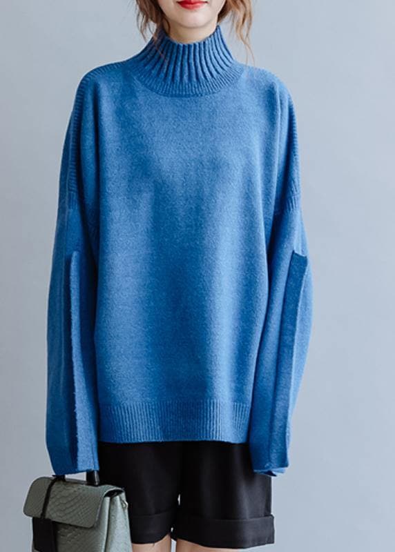 Aesthetic blue knitted pullover high neck plus size clothing fall knit sweat tops NTP201026