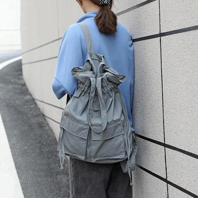 Aesthetic gray outfit Street Style Double Front Pockets Simple Drawstring Backpacks BGS200801