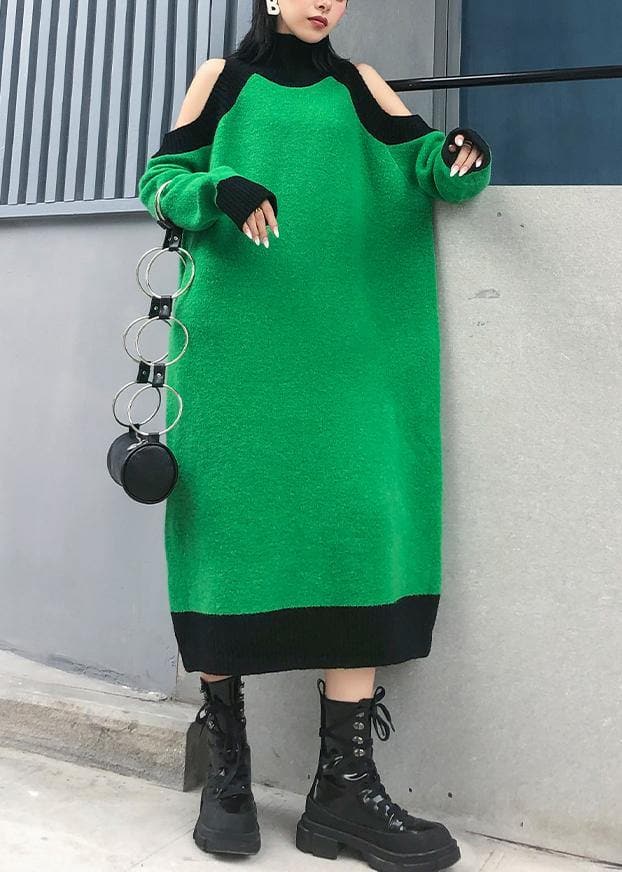 Aesthetic green Sweater Wardrobes DIY high neck Funny off the shoulder sweater dresses AT-NSD191101