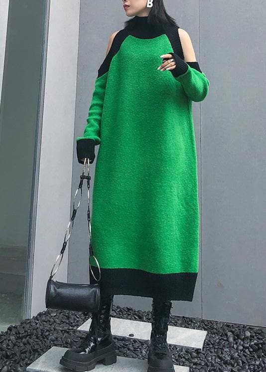 Aesthetic green Sweater Wardrobes DIY high neck Funny off the shoulder sweater dresses AT-NSD191101