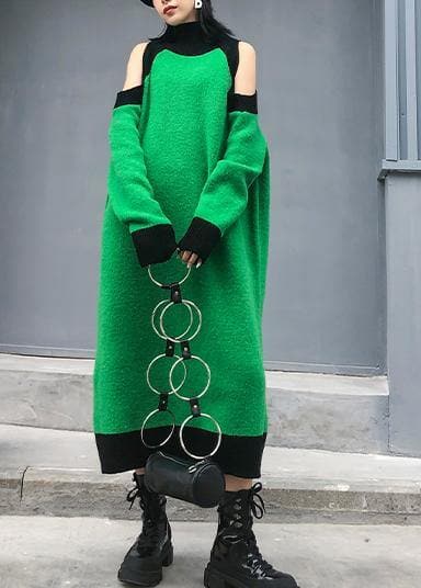 Aesthetic green Sweater Wardrobes DIY high neck Funny off the shoulder sweater dresses AT-NSD191101