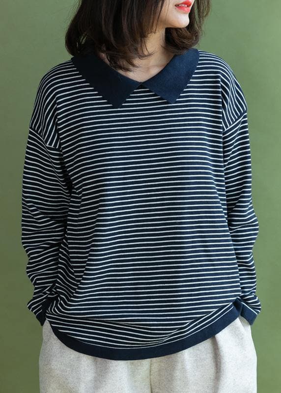 Aesthetic navy striped knitted t shirt lapel collar Loose fitting knitted blouse NTP191125