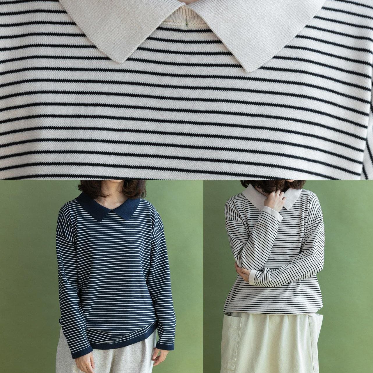 Aesthetic navy striped knitted t shirt lapel collar Loose fitting knitted blouse NTP191125