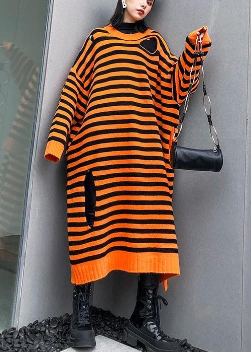 Aesthetic o neck Hole Sweater fall dress DIY orange striped daily knitted dress AT-NSD191101