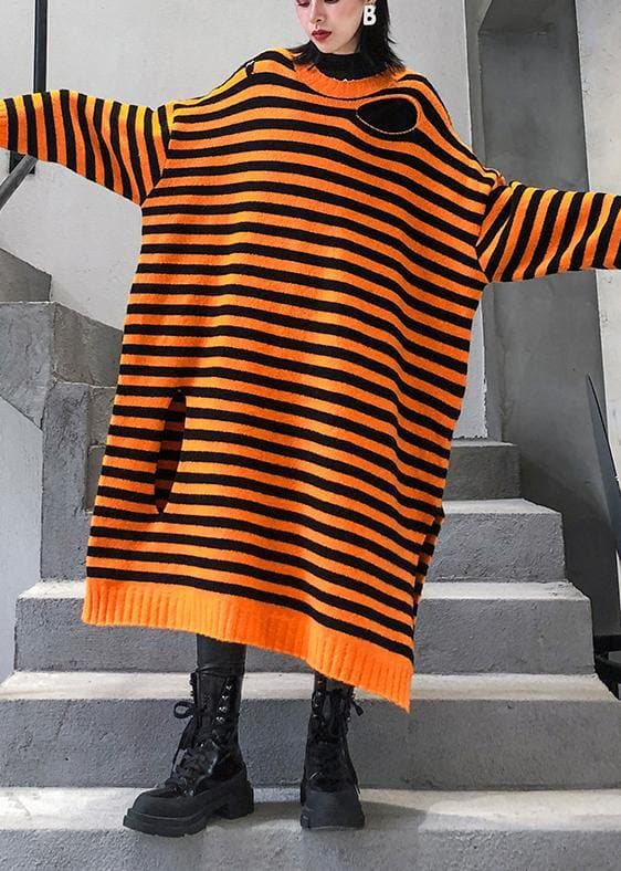 Aesthetic o neck Hole Sweater fall dress DIY orange striped daily knitted dress AT-NSD191101