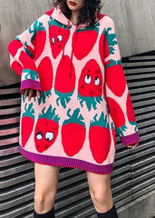 Aesthetic pink print knit blouse Loose fitting knit hooded drawstring tops AT-NTP191101