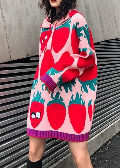 Aesthetic pink print knit blouse Loose fitting knit hooded drawstring tops AT-NTP191101