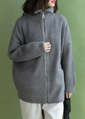 Aesthetic winter knitted coat casual gray zippered NCT191125