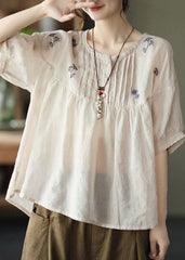 Apricot Patchwork Loose Linen Tops Ruffled Half Sleeve GK-HTP220328