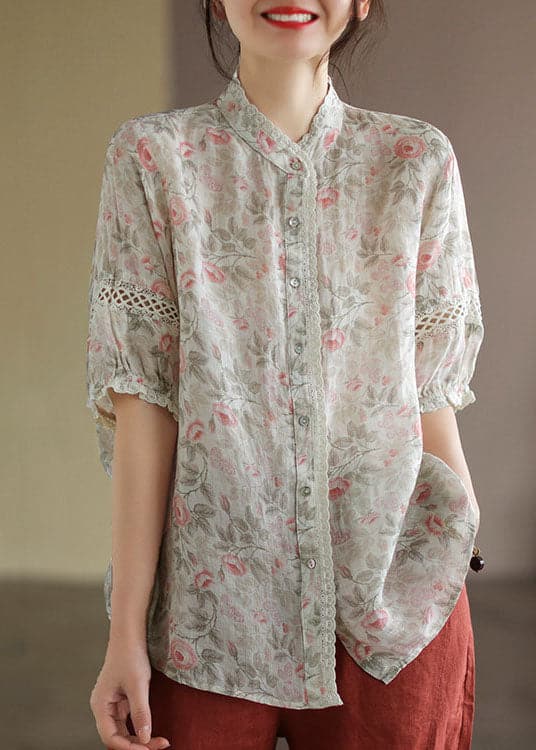 Apricot Print Linen Blouse Top Button Half Sleeve GK-HTP220516