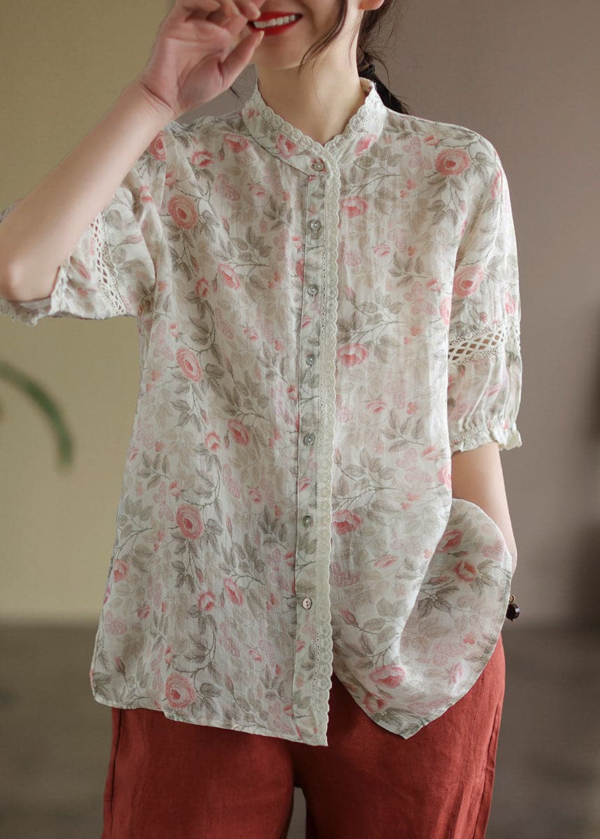 Apricot Print Linen Blouse Top Button Half Sleeve GK-HTP220516