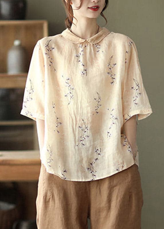 Apricot Print Linen Blouse Tops Half Sleeve GK-HTP220419